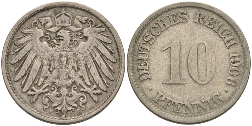 Германия 10 пфеннигов 1906 F KM 12, J. 13 медно-никель 4575-612