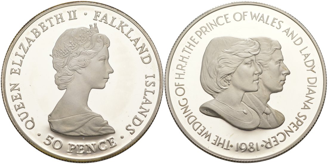 Фолклендские острова 50 пенсов 1981 королевская свадьба принца Чарльза и леди Дианы, в оригинальной коробке, с сертификатом KM 16а серебро PROOF 00-00
