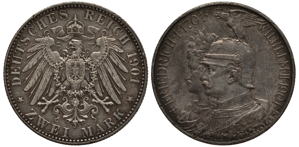 Пруссия 2 марки 1901 A, 200 лет Прусской королевской династии (Фридрих I - Вильгельм II) J.105, Weege 105, KM 525 серебро 3711-1114