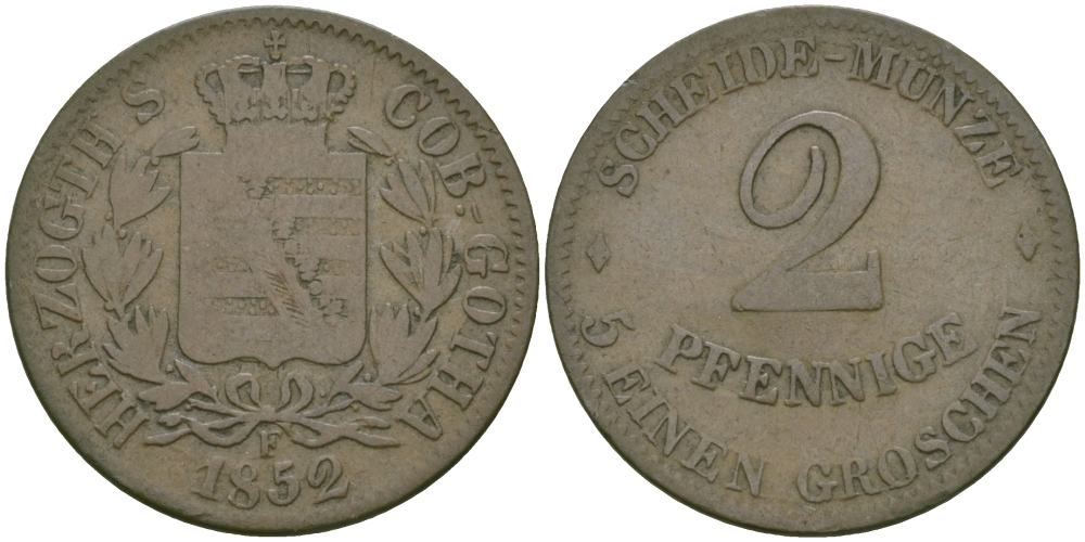 Саксен-Кобург и Гота 2 пфеннига 1852 F KM 110 медь 99-742