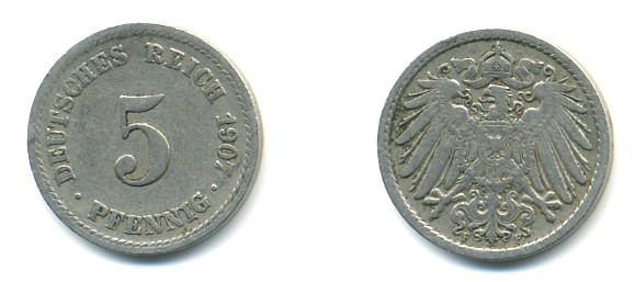 ГЕРМАНИЯ 5 ПФЕННИГОВ 1907 F, KM 11, J. 12 медно-никель 4379-544