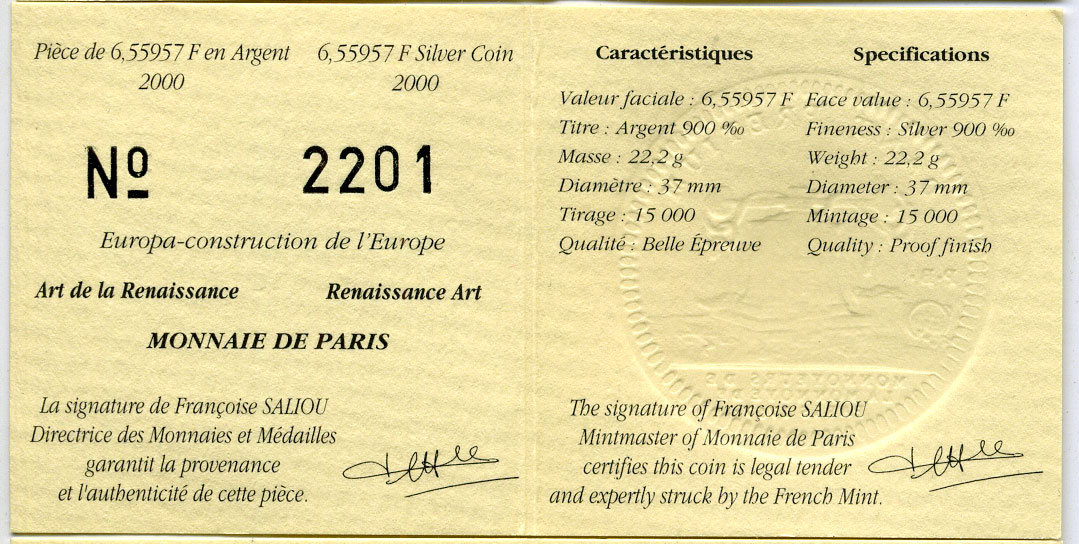 Франция 1 евро = 6,55957 франков 2000 архитектура Ренессанса (XV-XVI веков) в оригинальной коробке, с сертификатом KM 1225 серебро PROOF 4-3-3-14