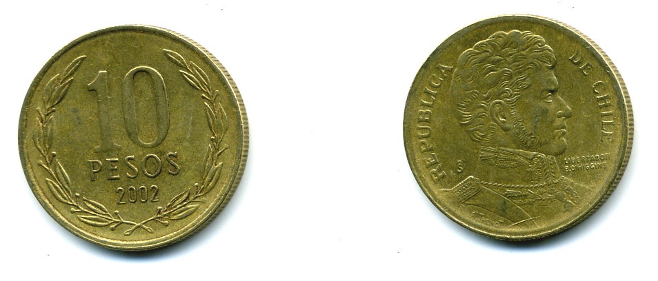 ЧИЛИ 10 ПЕСО 2002 ГЕНЕРАЛ БЕРНАРДО О ХИГГИНС KM 228.2 никель-бронза 37-215