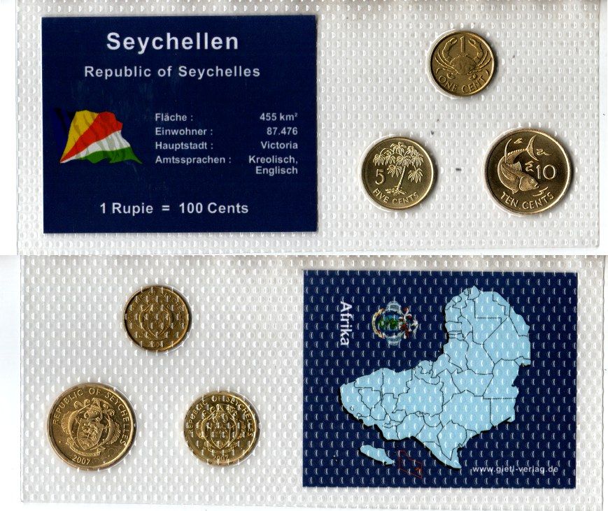 Сейшельские Острова (Сейшелы) набор из 3 монет (1, 5 и 10 центов) 2004 и 2007 в красочной упаковке с информацией о стране KM 46, 47a, 48a UNC 5-4-1-65
