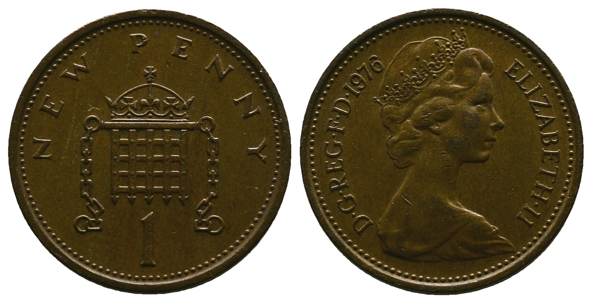 Великобритания 1 пенни 1976 Елизавета II (1952-2022) KM 915, Spink 4237 (B1) бронза 4384-743