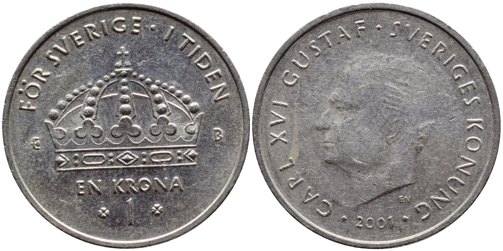 Швеция 1 крона 2001 Карл XVI Густав (1973- ) KM 894 медно-никель 4364-2731