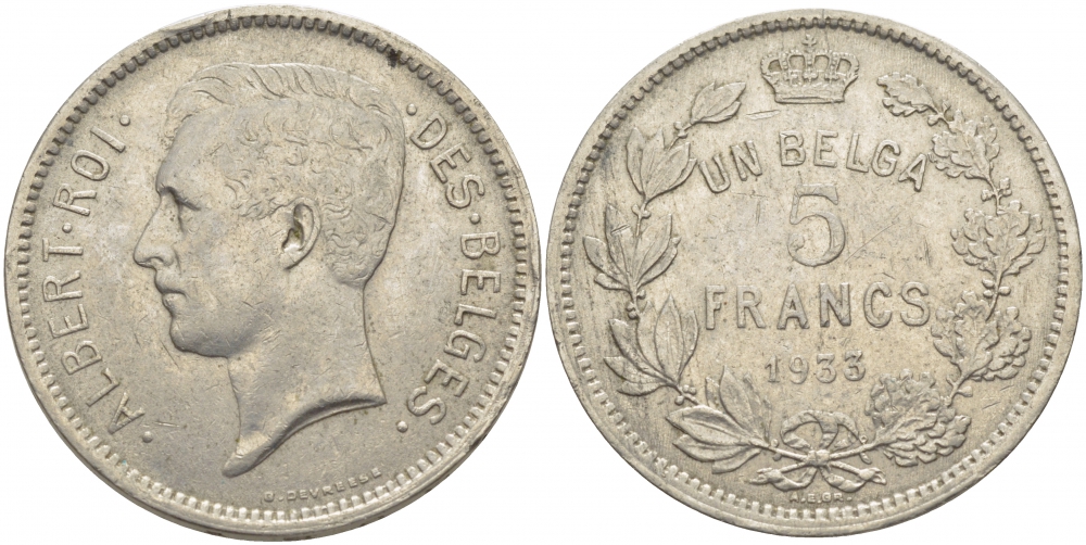 БЕЛЬГИЯ 5 ФРАНКОВ 1933 BELGES KM 97.1 никель 114-833