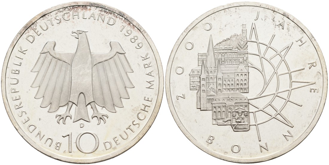 ФРГ 10 марок 1989 D, 2000 лет городу Бонну J. 447, KM 172 серебро PROOF 4558-315