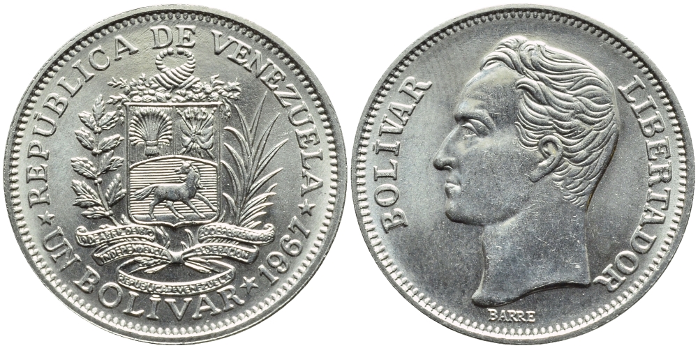 Венесуэла 1 боливар 1967 Симон Боливар KM 42 никель 51-736