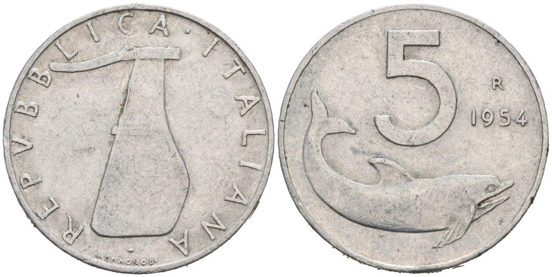Италия 5 лир 1954 R, руль, дельфин KM 92 алюминий 4567-346