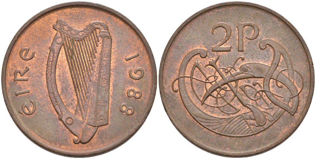 Ирландия 2 пенса 1988 птичка KM 21 бронза 4561-1225