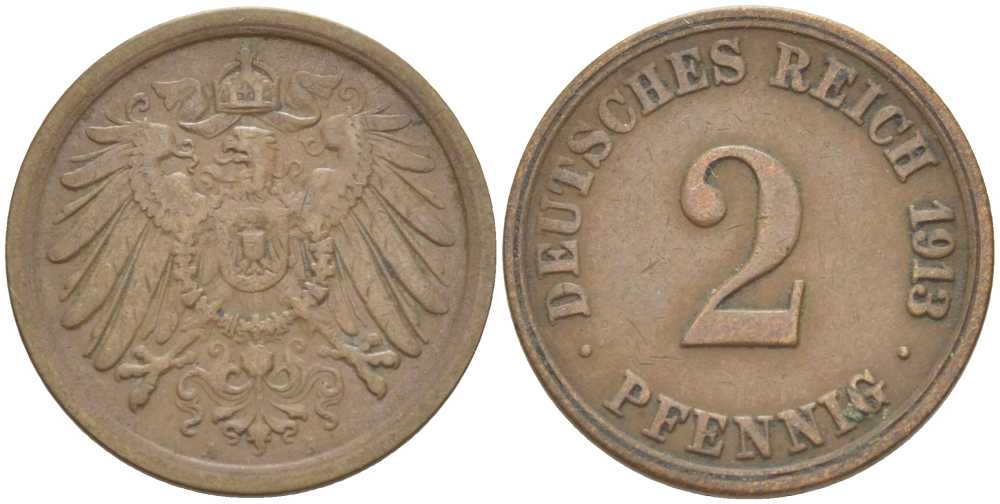 Германия 2 пфеннига 1913 A KM 16, J. 11, Weege 4 медь 212-416