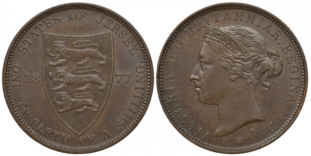 Джерси 1/12 шиллинга 1877 H, Виктория (1837-1901) KM 8 бронза aUNC 00-806-05