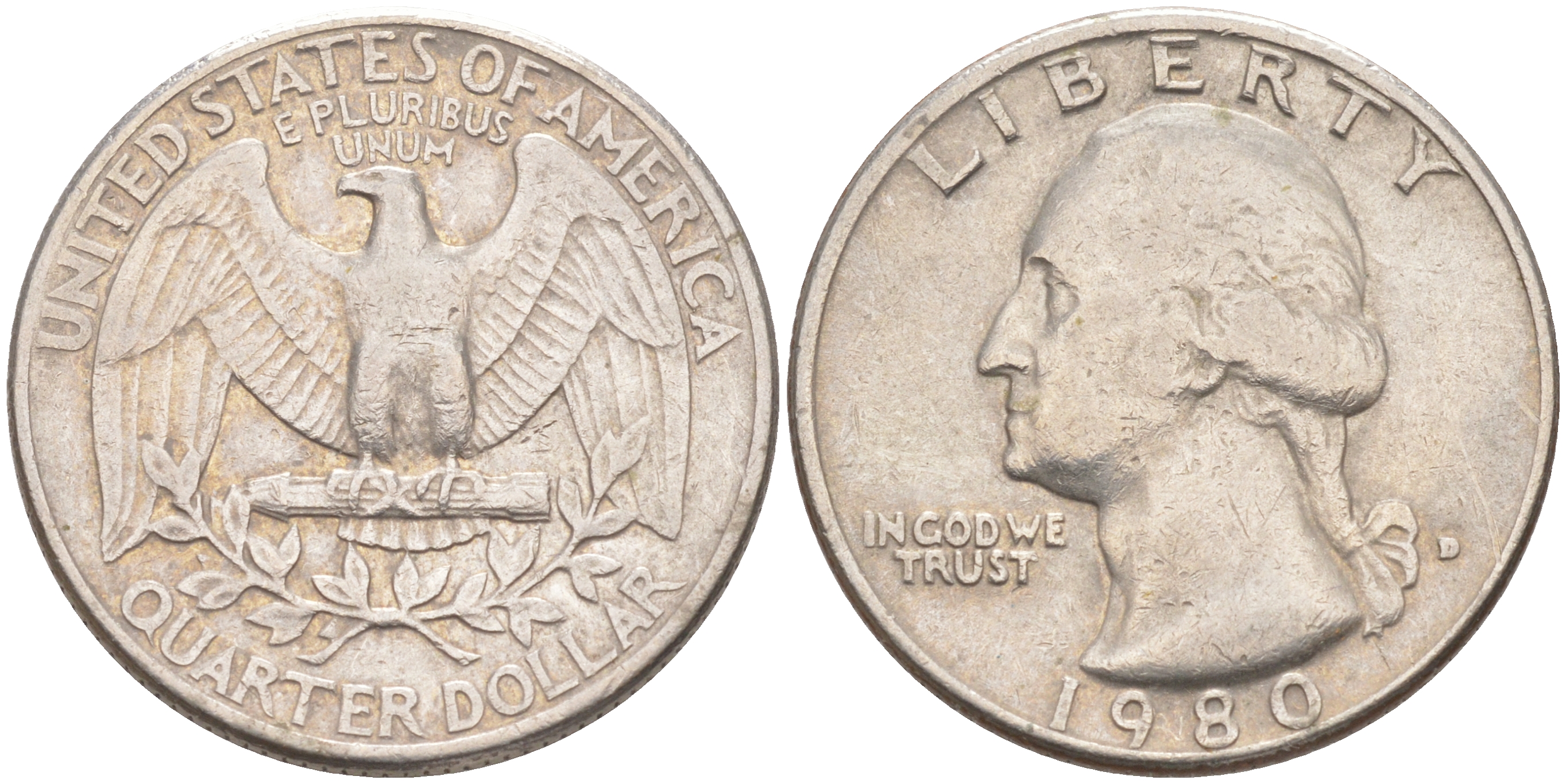 США 25 центов (квотер) 1980 D, Вашингтон KM A164a медь плакированная медно-никелем 84-546