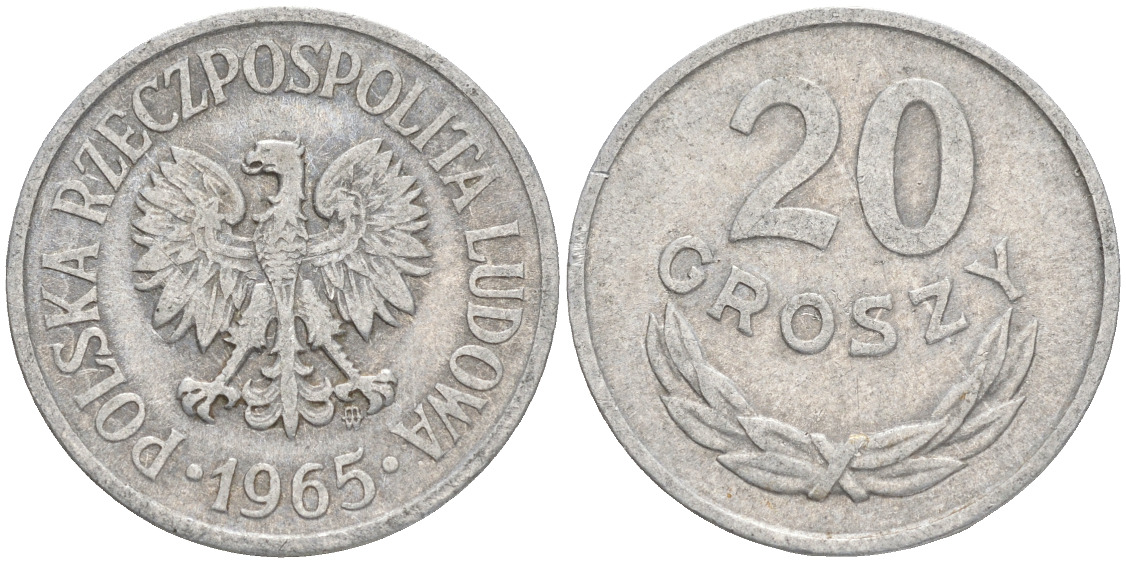 ПОЛЬША 20 ГРОШЕЙ 1965 MW KM A47 алюминий VF 4556-332