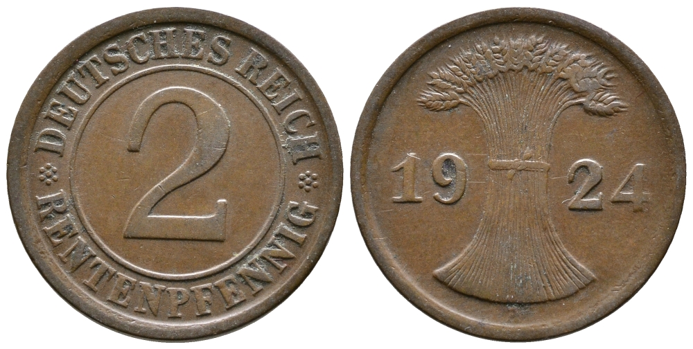ГЕРМАНИЯ 2 РЕНТЕНПФЕННИГА 1924 A KM 31, J.307 бронза 73-1354