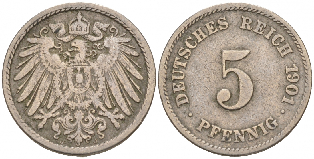 ГЕРМАНИЯ 5 ПФЕННИГОВ 1901 J, KM 11, J. 12 медно-никель 73-1515