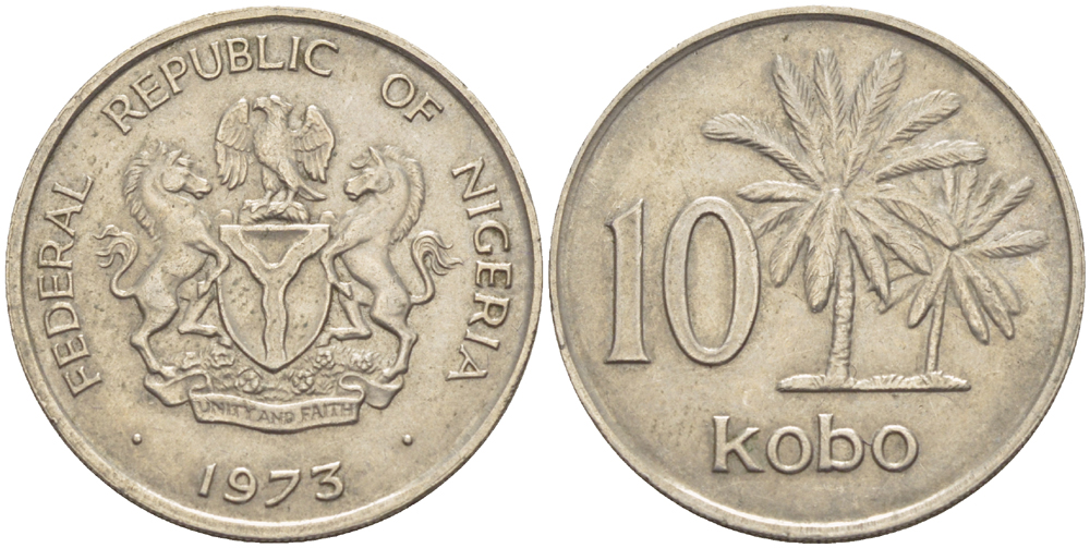 Нигерия 10 кобо 1973 пальмы KM 10.1 медно-никель 76-637