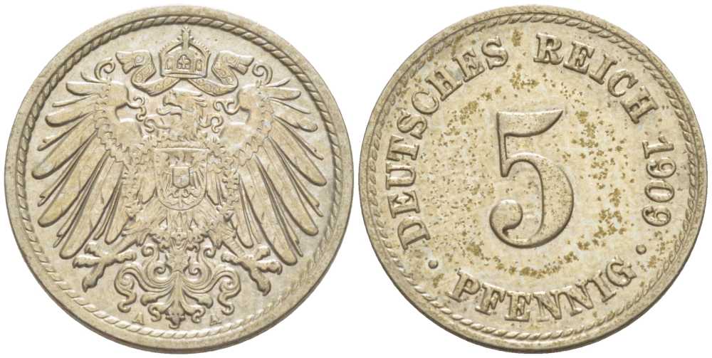 ГЕРМАНИЯ 5 ПФЕННИГОВ 1909 A KM 11, J. 12, Weege 6 медно-никель 206-956