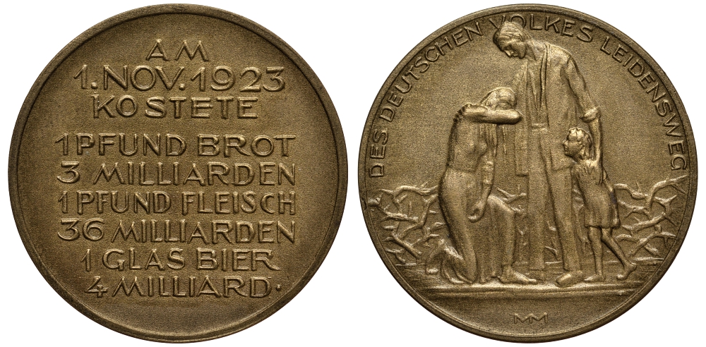 Германия медаль 1923 гиперинфляция, цены на продукты 1 ого ноября в Саксонии, 9,65 гр, 32 мм бронза 413-2921