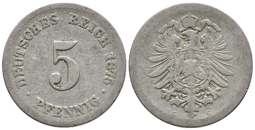 Германия 5 пфеннигов 1875 C, старогербовка KM 3, Jager 3, Weege 5 медно-никель 39-347