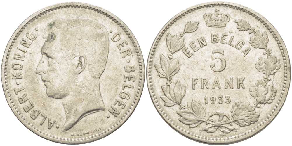 БЕЛЬГИЯ 5 ФРАНКОВ 1933 АЛЬБЕРТ I, DER BELGEN KM 98 никель 3851-434