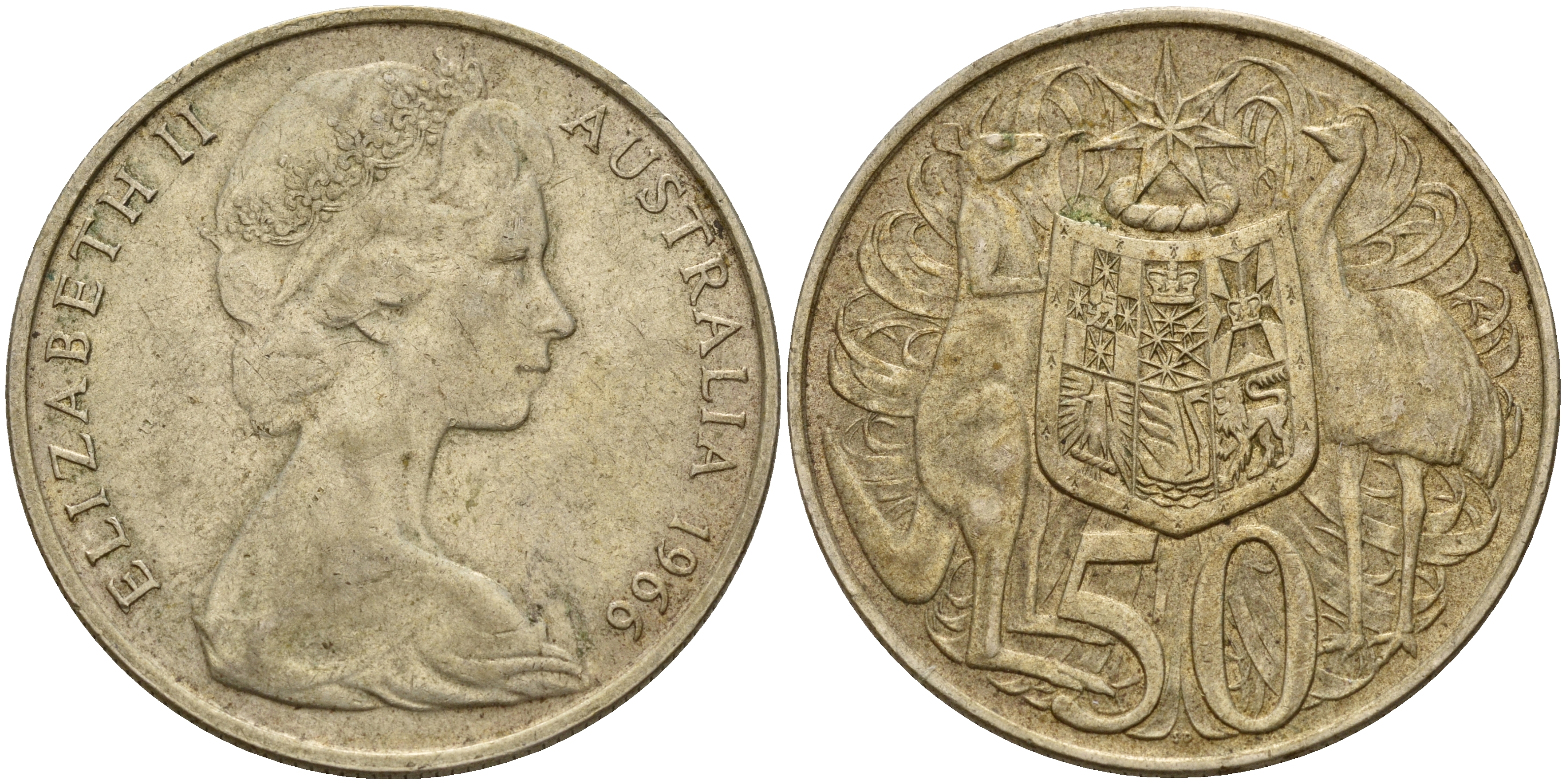 Австралия 50 центов 1966 Елизавета II (1952-2022), герб Австралии, кенгуру KM 67 серебро    4157-934