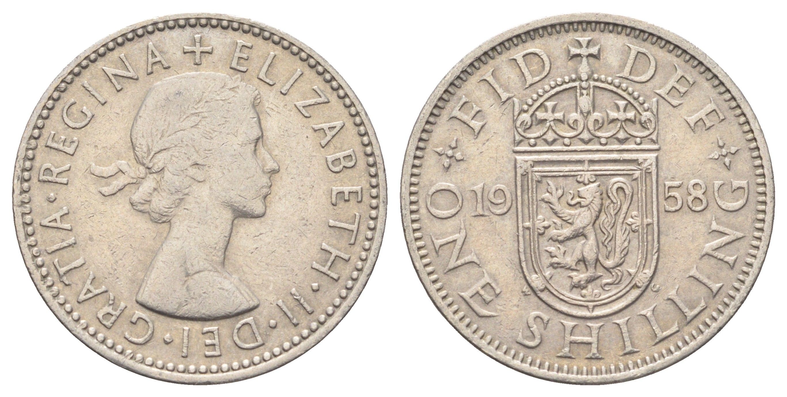 Великобритания 1 шиллинг 1958 Елизавета II (1952-2022), Шотландский герб KM 905, Spink 4148 медно-никель 4698-1041