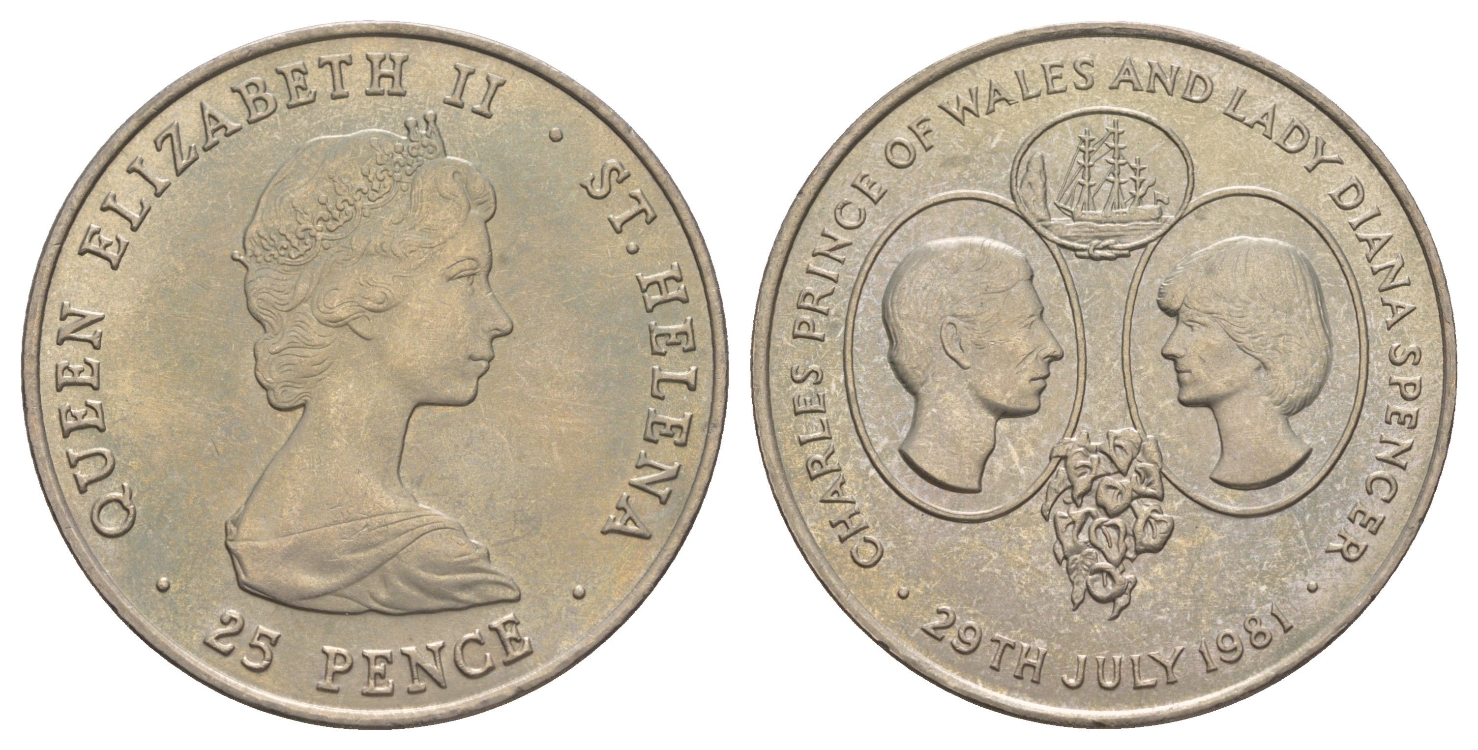 Остров Святой Елены 25 пенсов 1981 Свадьба Принца Чарльза и Леди Дианы KM 9 медно-никель BU 4537-922