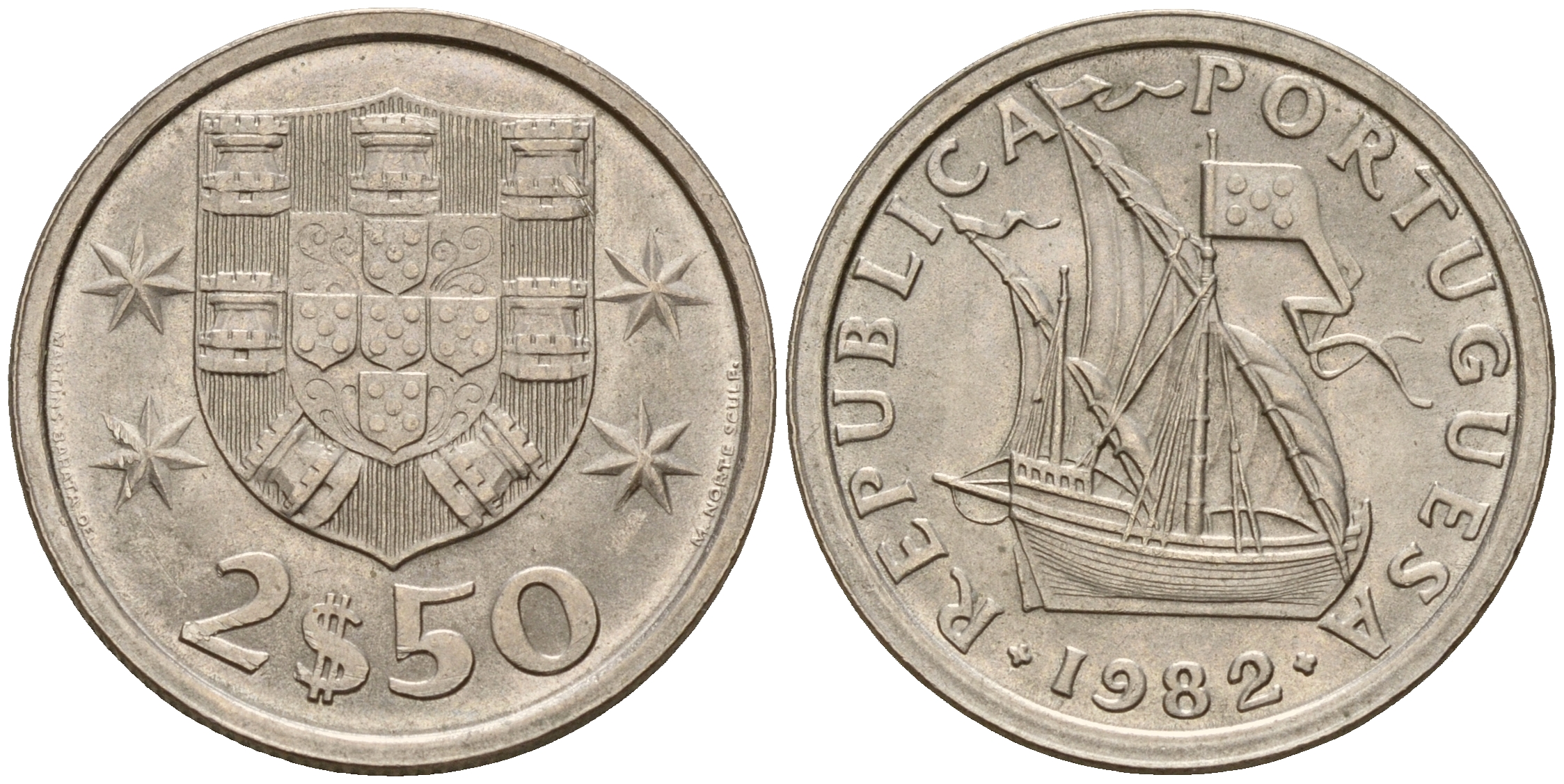 Португалия 2,5 эскудо 1982 парусник KM 590 медно-никель  UNC  4598-1254