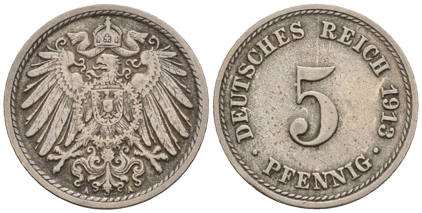 Германия 5 пфеннигов 1913 A, KM 11, J. 12 медно-никель 220-648