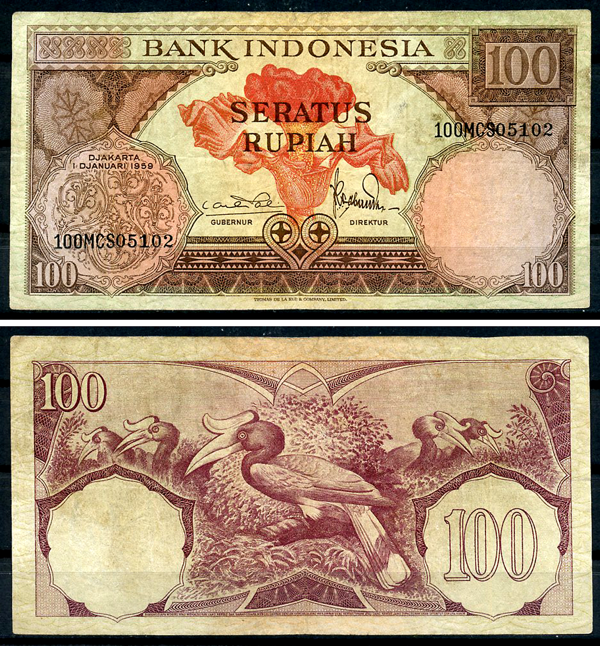 Индонезия 100 рупий 1959 гигантская раффлезия, малайский калао Pick 69 a  бумага 444-24-2-2