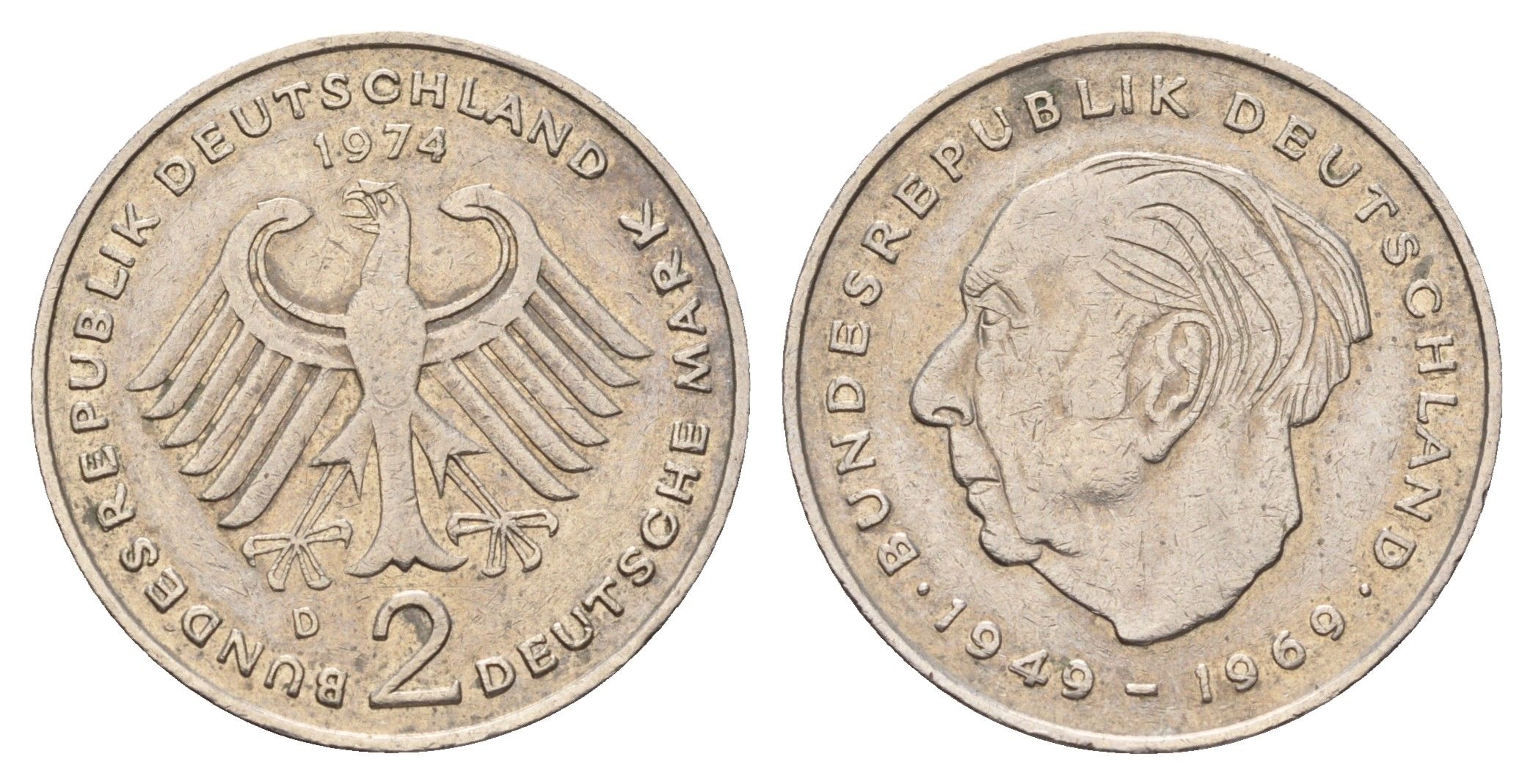 ФРГ 2 марки 1974 D, Теодор Хойс, 20 лет Федеративной Республике (1949-1969) KM A127, J. 407 медно-никель плакированный никелем 186-1233