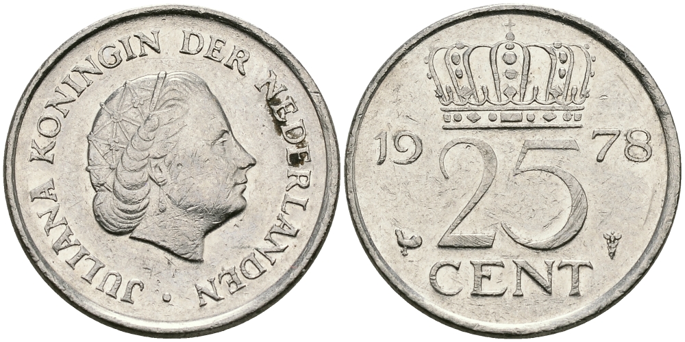 НИДЕРЛАНДЫ 25 ЦЕНТОВ 1978 ЮЛИАНА KM 183 никель 96-251