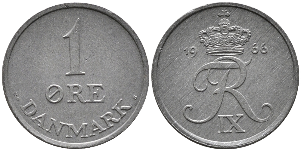 ДАНИЯ 1 ЭРЕ 1966 C; S, ФРЕДЕРИК IX (1947-1972) KM 839.2 цинк UNC 100-654