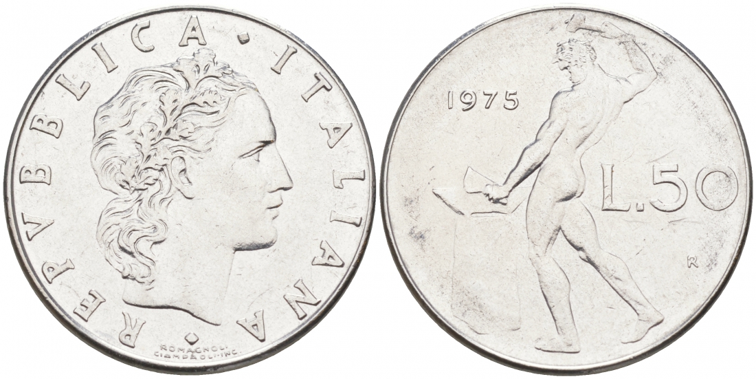 ИТАЛИЯ 50 ЛИР 1975 R, БОГ ОГНЯ ВУЛКАН У НАКОВАЛЬНИ KM 95.1 нержавеющая сталь 3996-916
