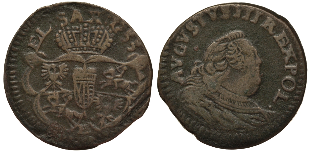 Польша 3 сольди (1 грош) 1755 Август III (1733-1763), вес 3,32 гр. KM 147.2 (С2а) медь 1516-1315