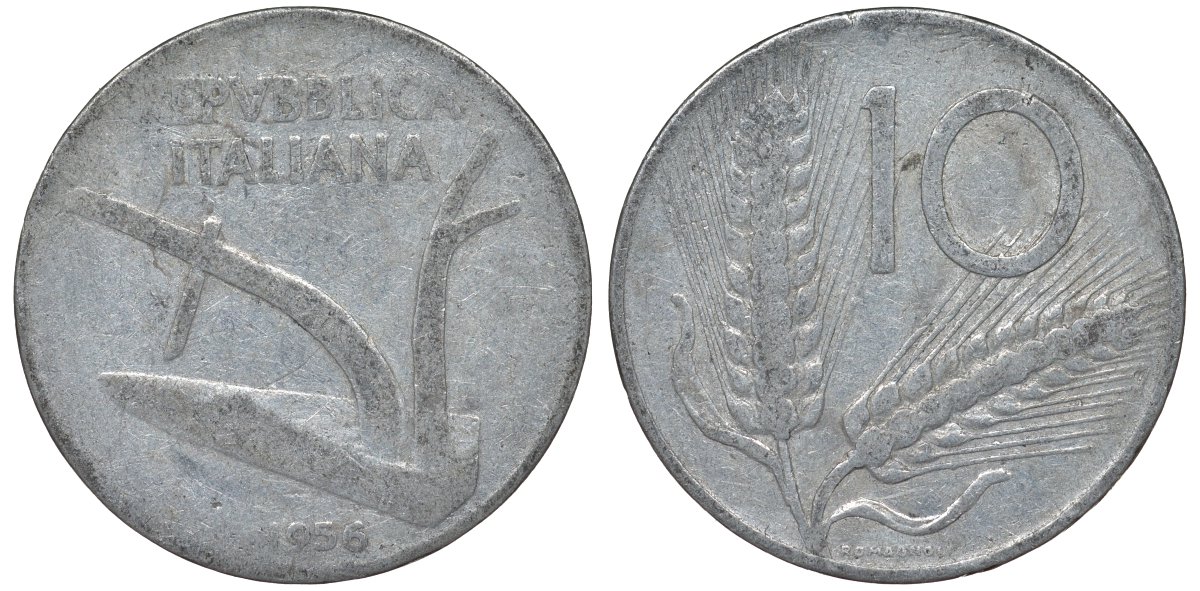 Италия 10 лир 1956 R, плуг, колосья KM 93 алюминий 4128-1236