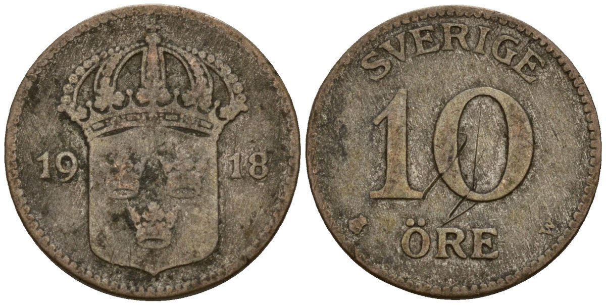 Швеция 10 эре 1918 Густав V (1907-1950) KM 780 серебро 4154-744
