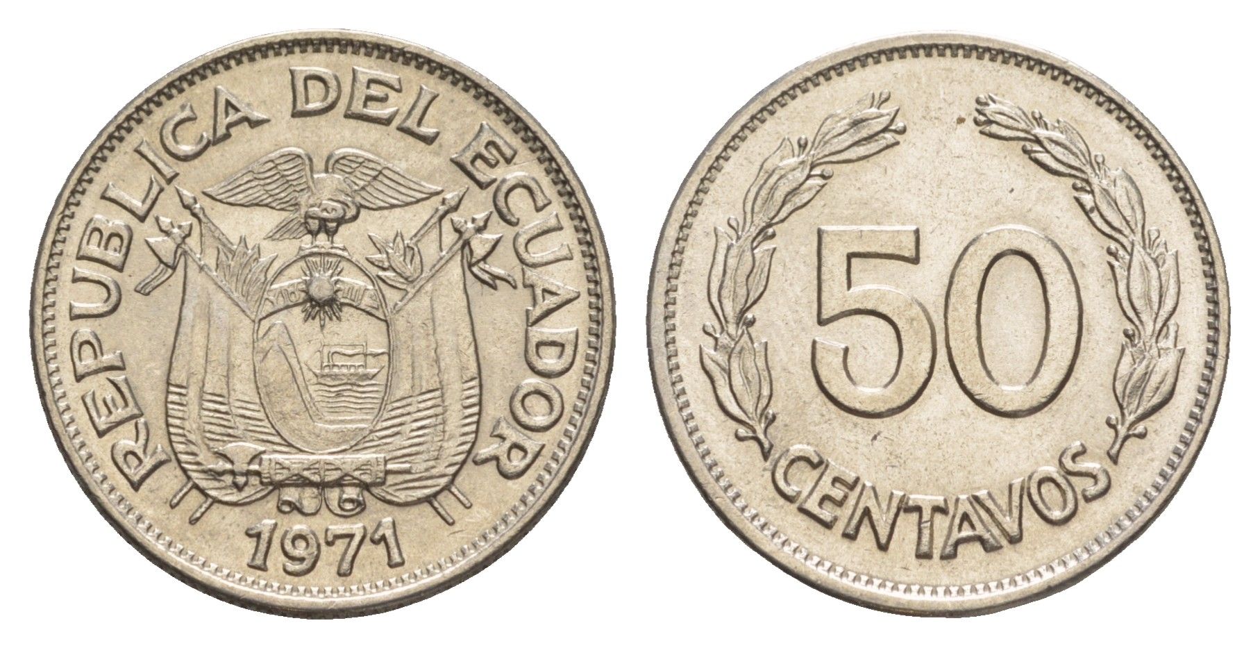 Эквадор 50 сентаво 1971 редкий год KM 81 сталь плакированная никелем UNC 4641-612