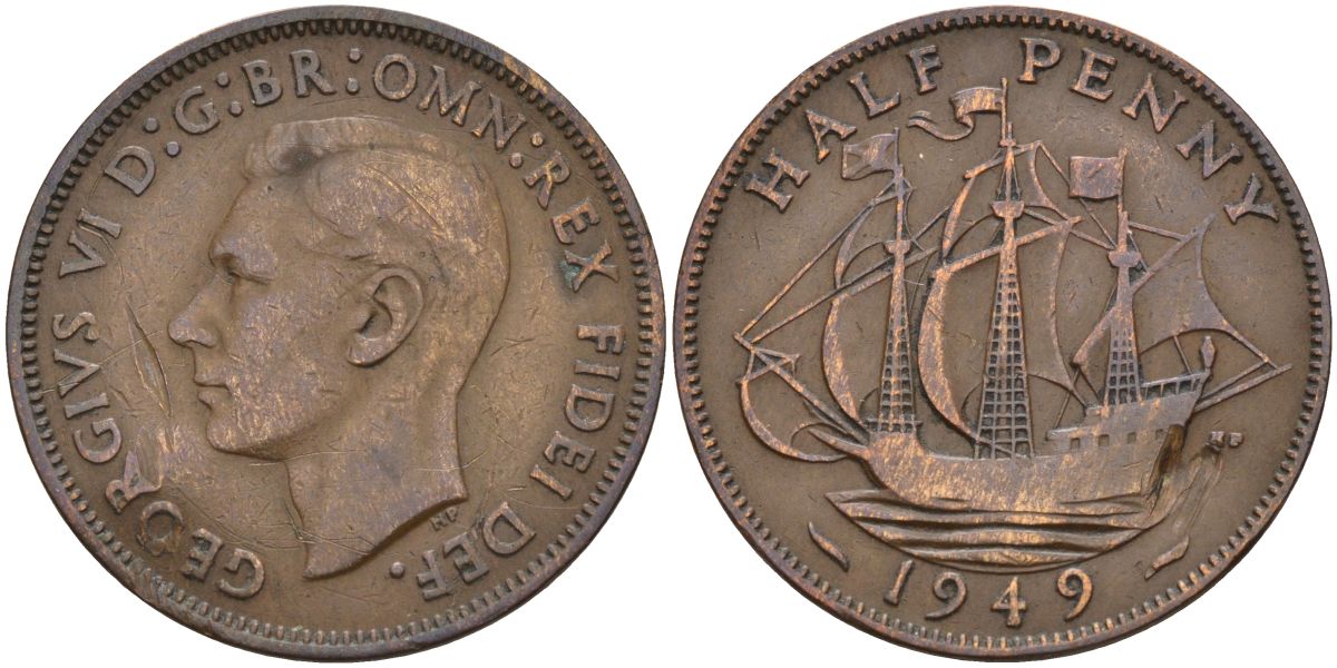 Великобритания 1/2 пенни 1949 Георг VI (1936-1952) KM 868, Spink 4118 бронза 4153-834
