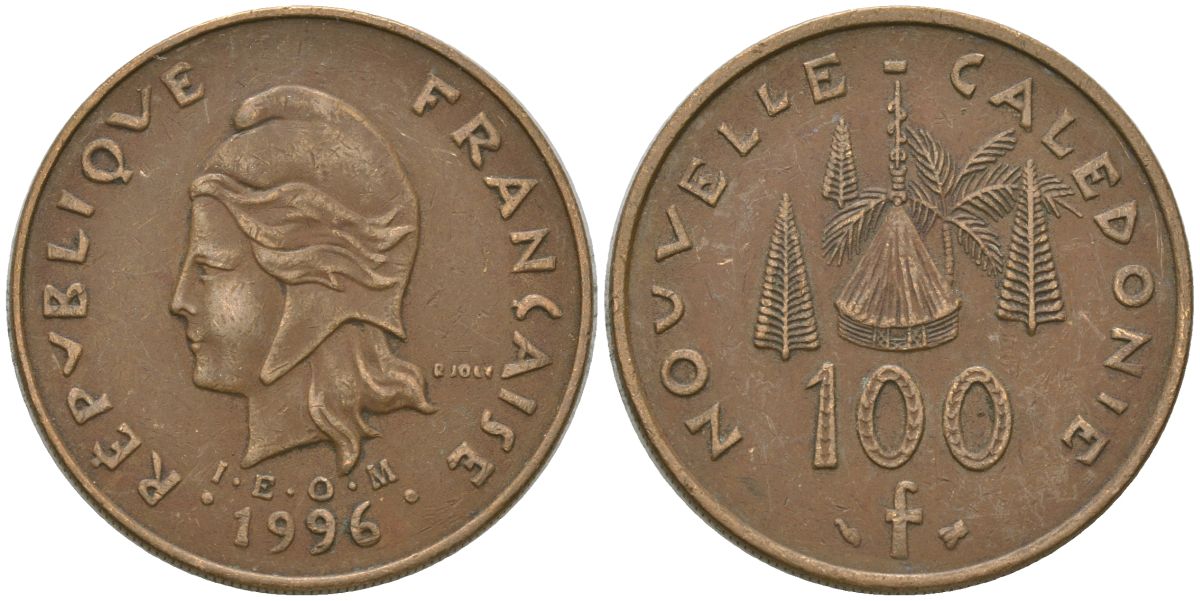 Французская Новая Каледония 100 франков 1996 хижина среди сосен и пальм, (IEOM) KM 15, Schoen 16, Lec 139 никель латунь 4140-1024