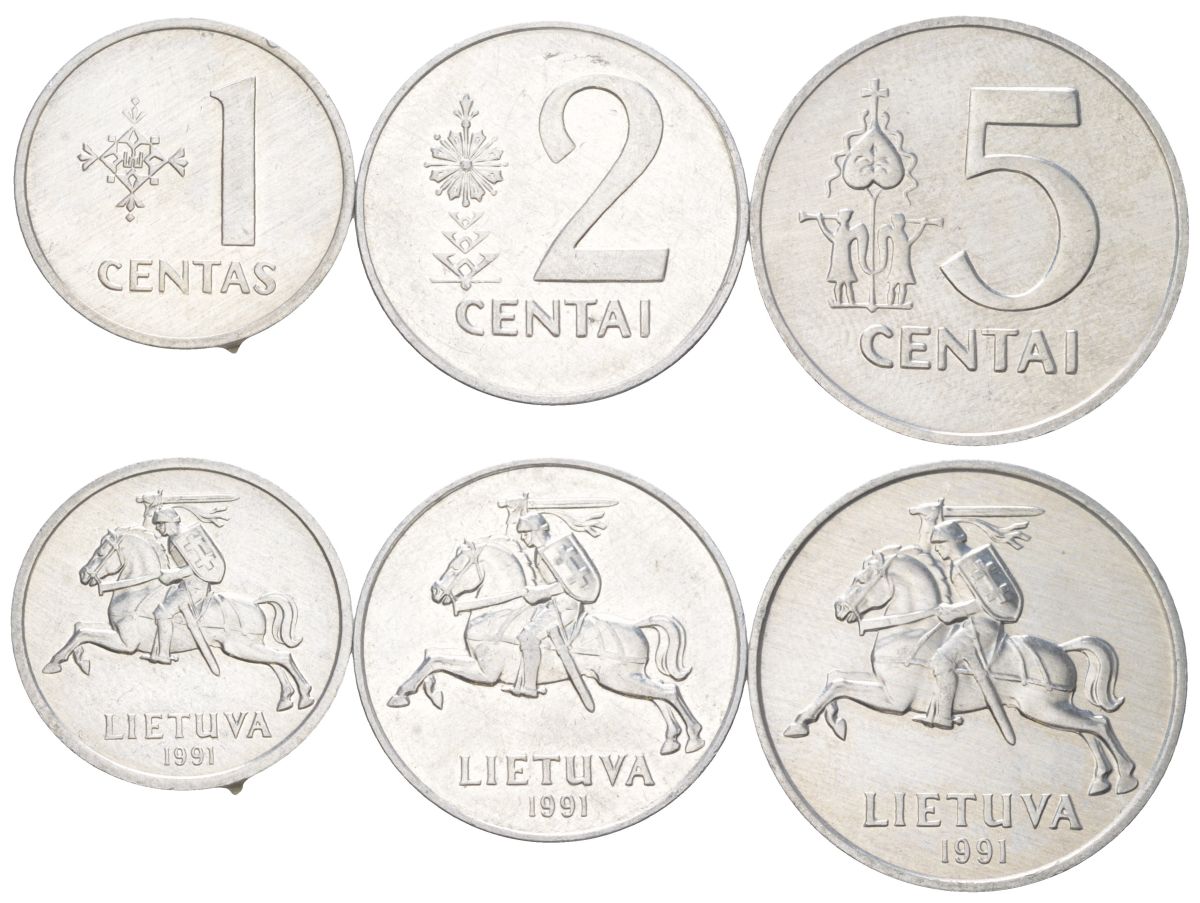 Литва набор из 3 монет (1, 2 и 5 центов) 1991 KM 85, 86 и 87 алюминий UNC 4624-651-653