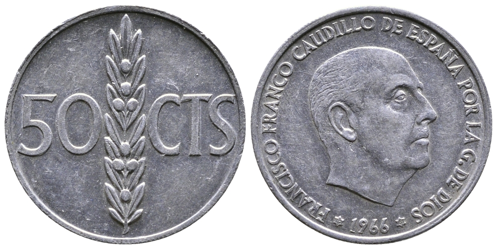 ИСПАНИЯ 50 СЕНТИМО 1966 (67) ФРАНСИСКО ФРАНКО ДИКТАТОР ИСПАНИИ (1939-1975) KM 795 алюминий 26-939