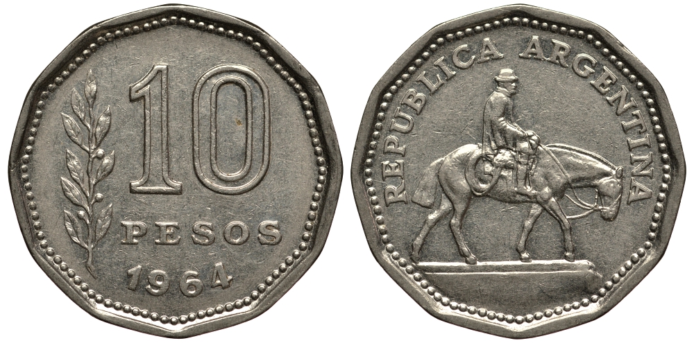 Аргентина 10 песо 1964 Гаучо KM 60 никелированная сталь 4182-515