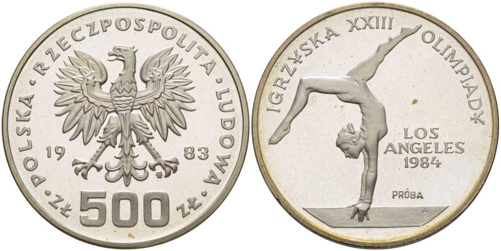 Польша 500 злотых 1983 MW, XXIII олимпийские игры в Лос-Анджелесе 1984 года, гимнастика, PROBE, пробный выпуск, тираж 7000 экземпляров, в оригинальной пластиковой коробке KM Pr494 серебро PROOF 00-000-00