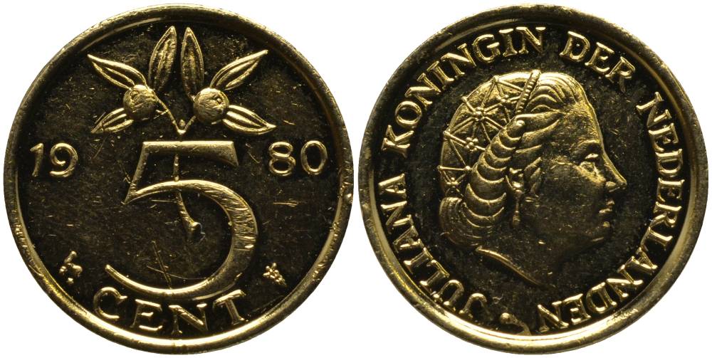 Нидерланды 5 центов 1980 Юлиана (1948-1980), ПОЗОЛОТА KM 181 бронза 181-713