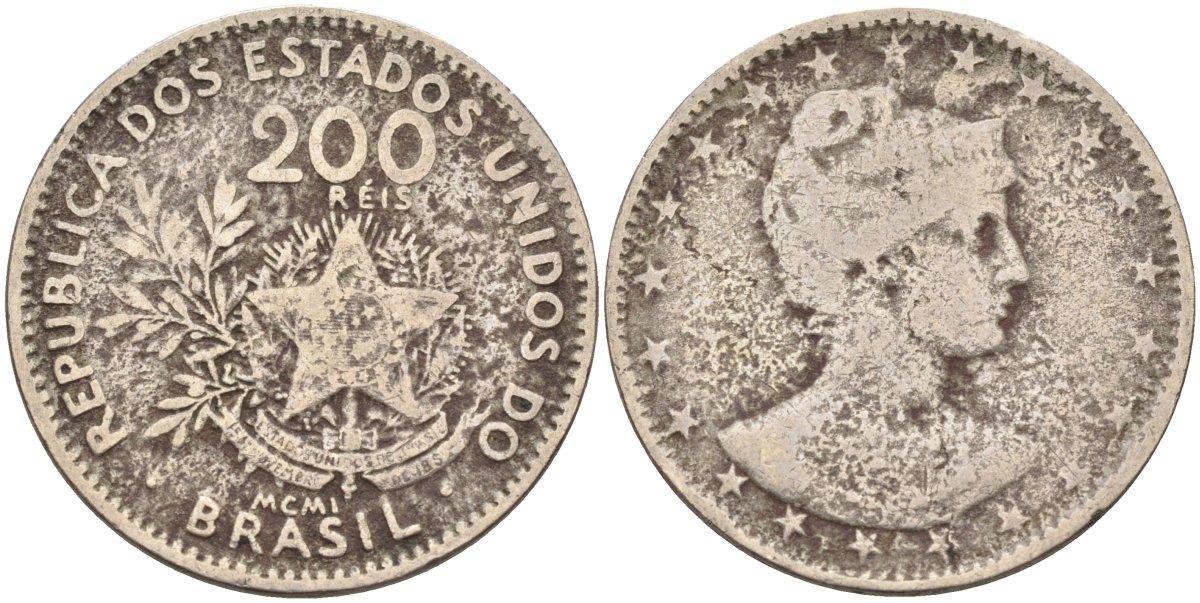 Бразилия 200 рейс 1901 голова свободы вправо KM 504 медно-никель 4589-1034