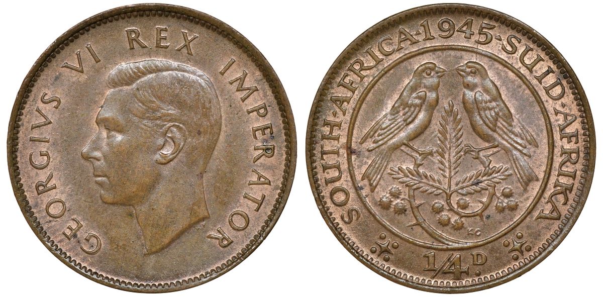Южная Африка 1/4 пенни 1945 Георг VI, воробьи KM 23 бронза UNC 51-1832