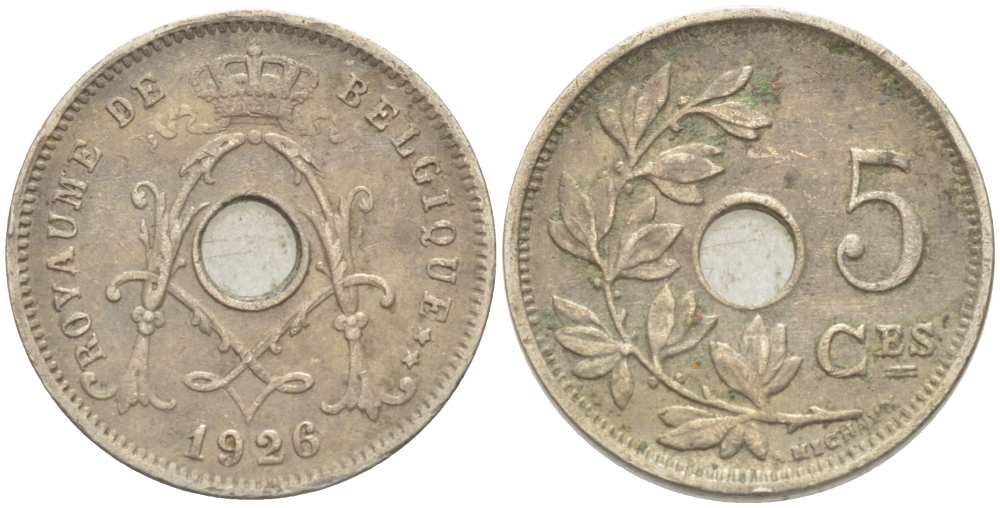 БЕЛЬГИЯ 5 САНТИМОВ 1926 BELGIQUE KM 66 медно-никель 3309-1265